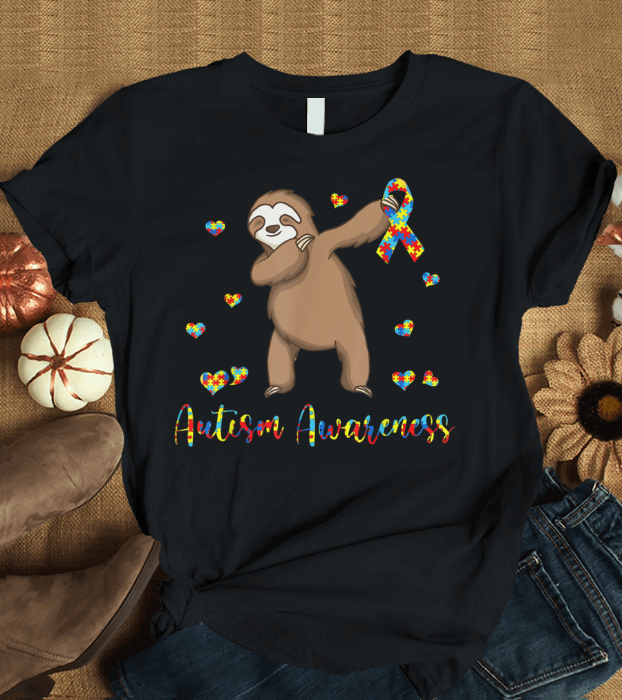 Autism Awareness Sloth with Puzzle Ribbon and Hearts T-Shirt