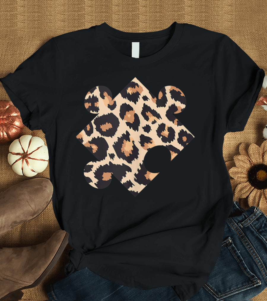 Autism Awareness Puzzle Piece Leopard Cheetah Pattern Teacher Grandparents T-Shirt