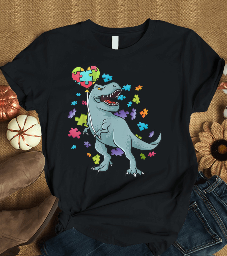 Autism Awareness Rex Dinosaur with Colorful Puzzle Pieces and Heart Balloon T-Shirt