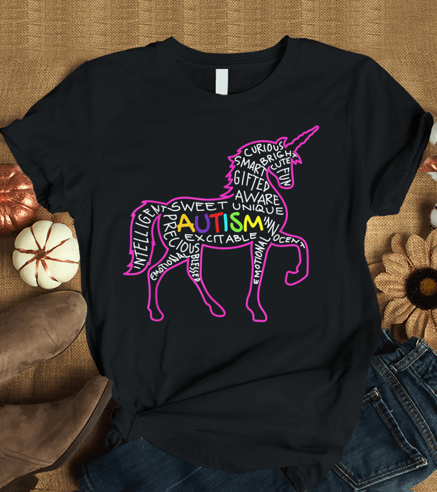 Autism Word Cloud Unicorn with Intelligent Gifted Unique Emotional Traits T-Shirt