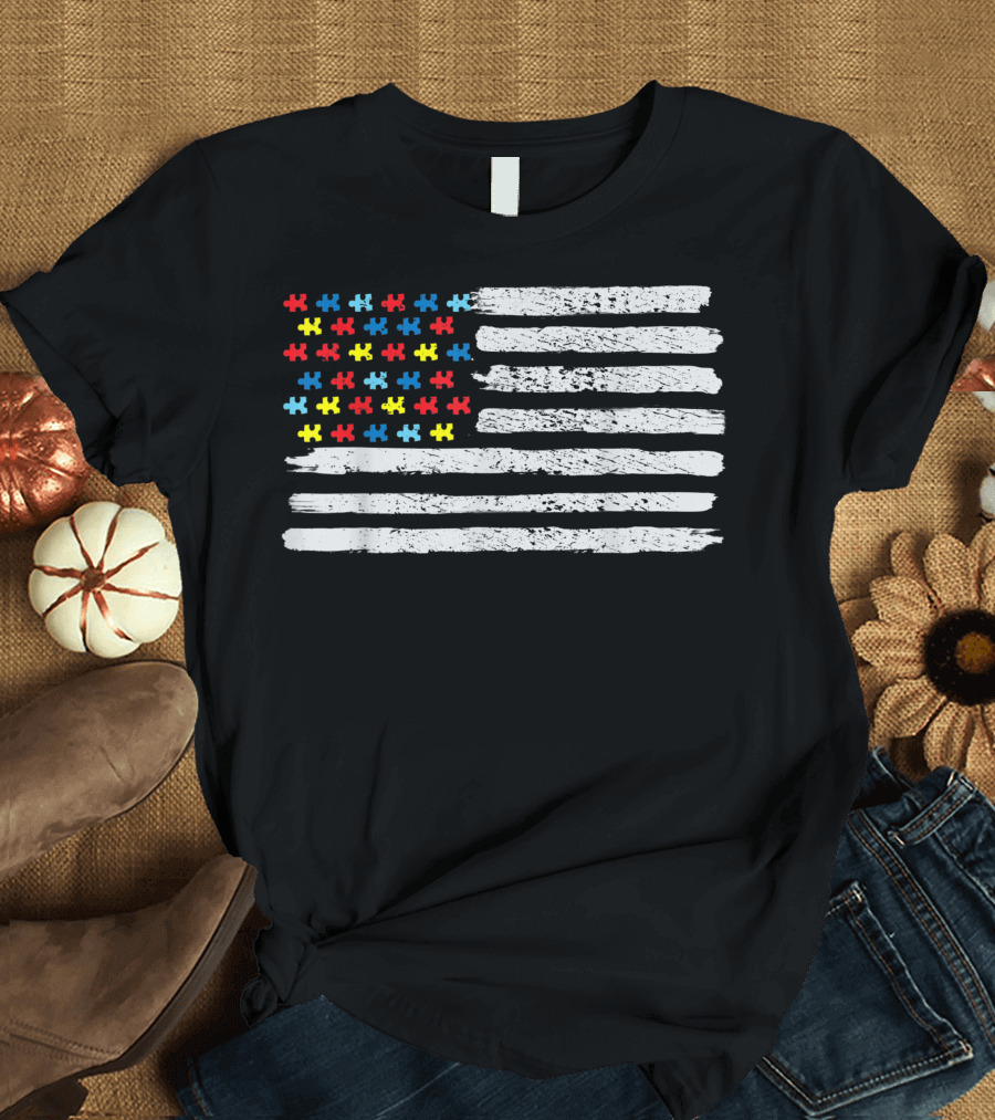 Autism Awareness USA Flag Puzzle Pieces Patriotic T-Shirt