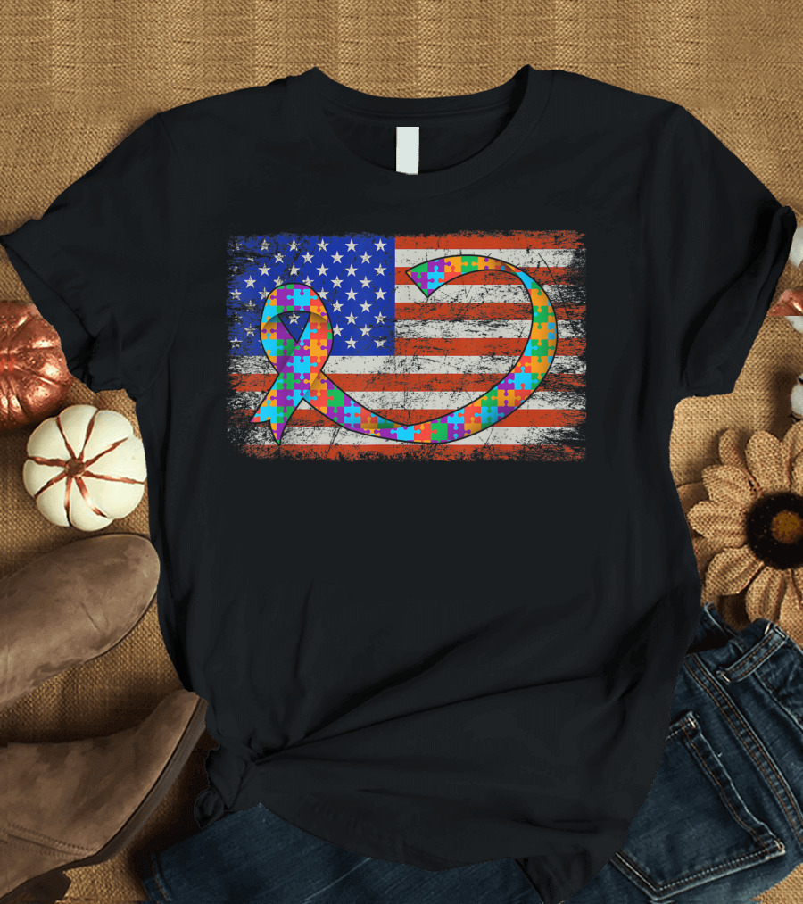 American Flag with Autism Awareness Puzzle T-Shirt