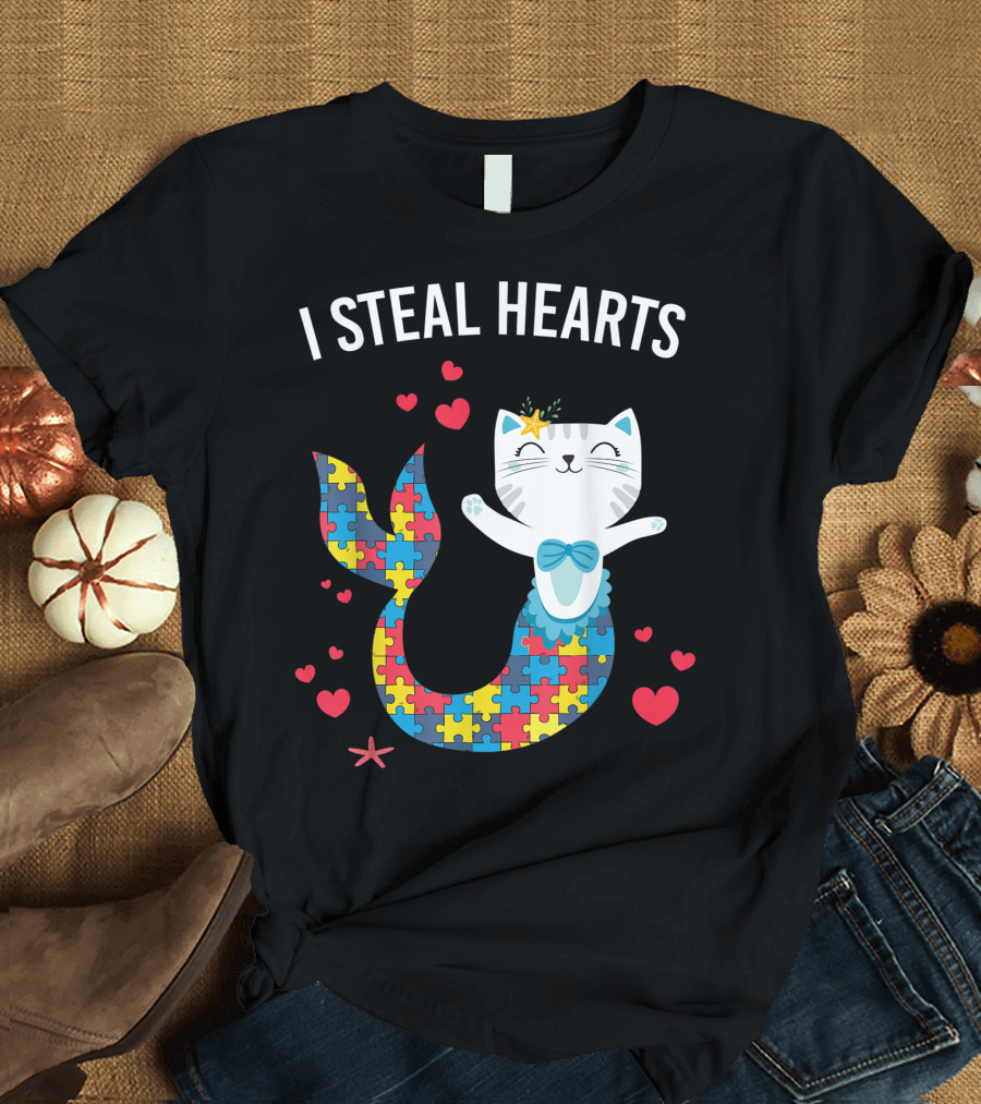 Autism Purrmaid Cat I Steal Hearts Valentine Girls T-Shirt