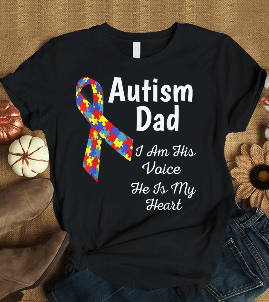 Autism Dad Puzzle Ribbon I Am His Voice He Is My Heart T-Shirt