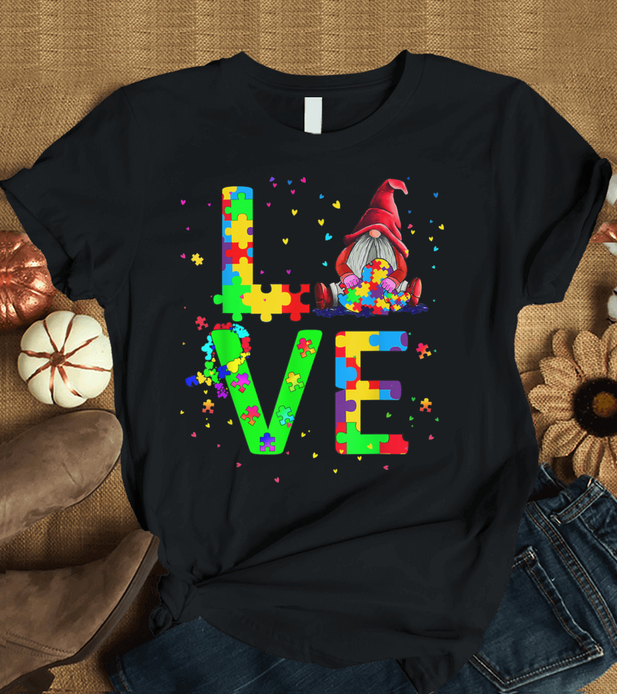 Autism Day Love Gnomes Puzzle Pieces T-Shirt