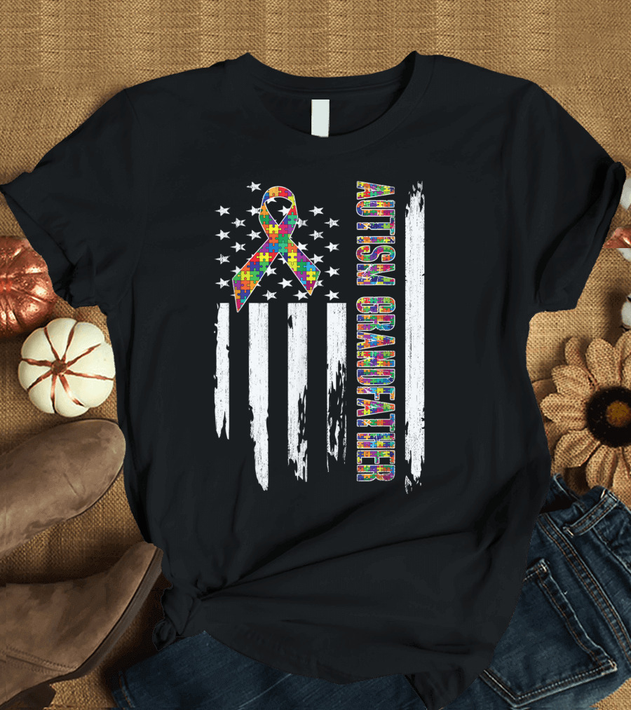 Autism Grandfather Puzzle Ribbon American Flag Autism Awareness T-Shirt