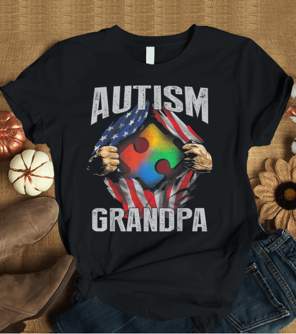 T-Shirt: Autism Grandpa Puzzle Piece American Flag Autism Awareness T-Shirt Autism Grandpa Puzzle Piece American Flag Autism Awareness T-Shirt