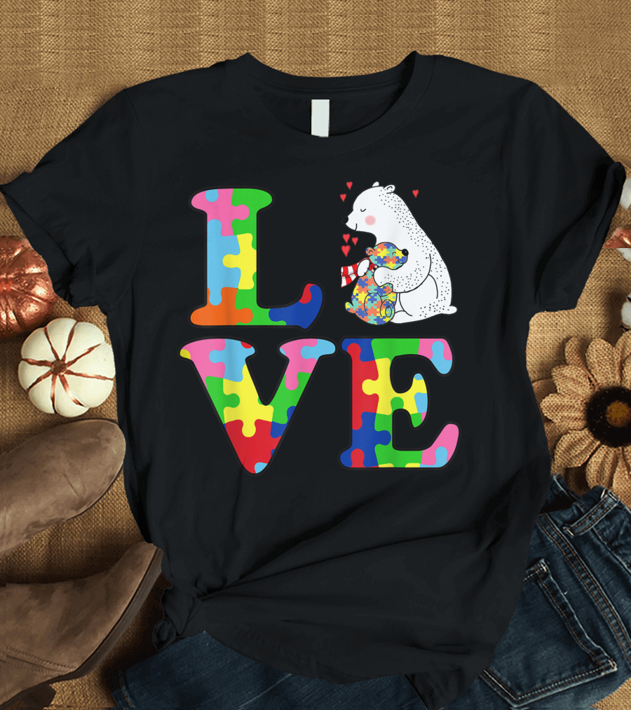 LOVE Autism Valentines Day Puzzle Piece Heart Bear T-Shirt