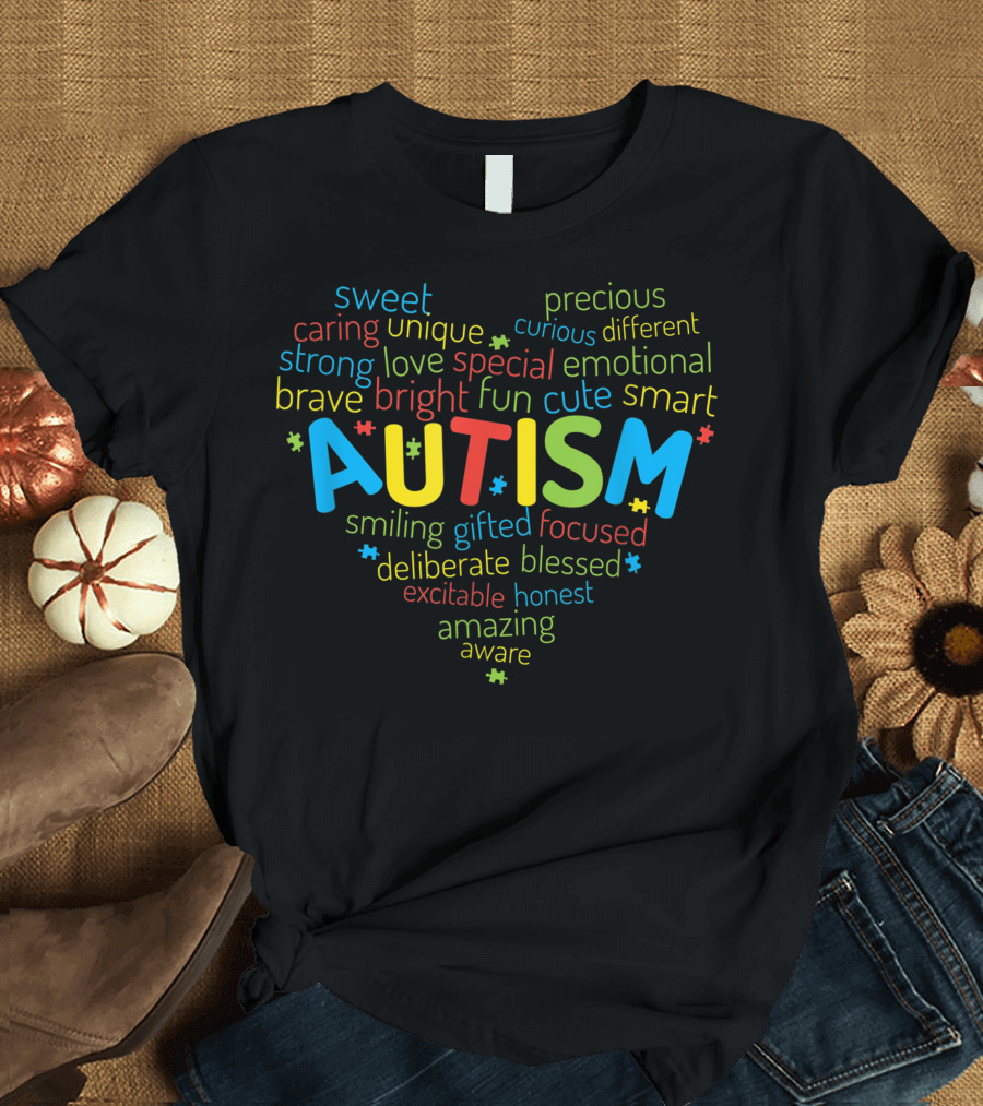 Autism Awareness Heart Word Collage With Positive Traits T-Shirt
