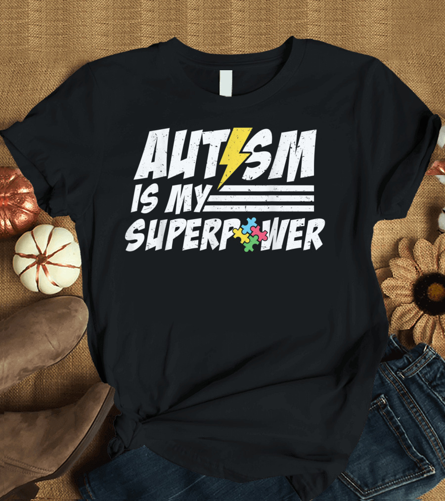 Autism Is My Superpower Puzzle Piece Lightning Bolt Kid Child T-Shirt