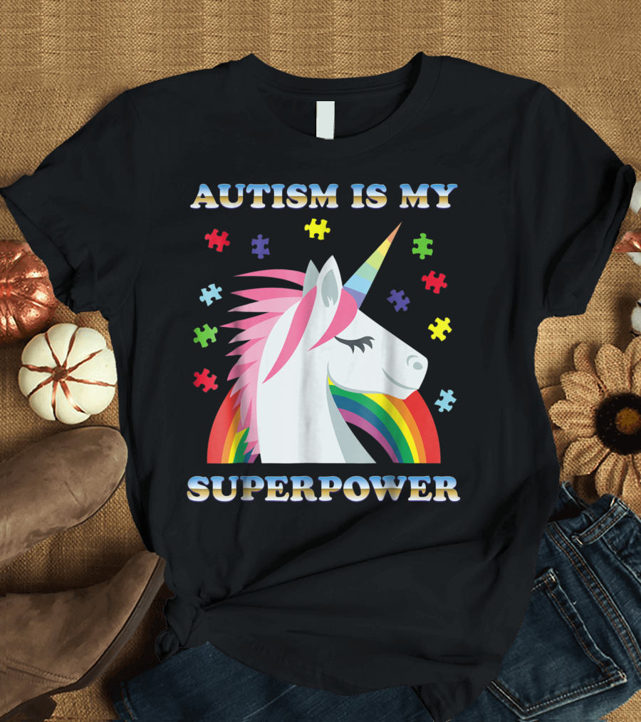 Autism Is My Superpower Unicorn Rainbow Puzzle Magic T-Shirt