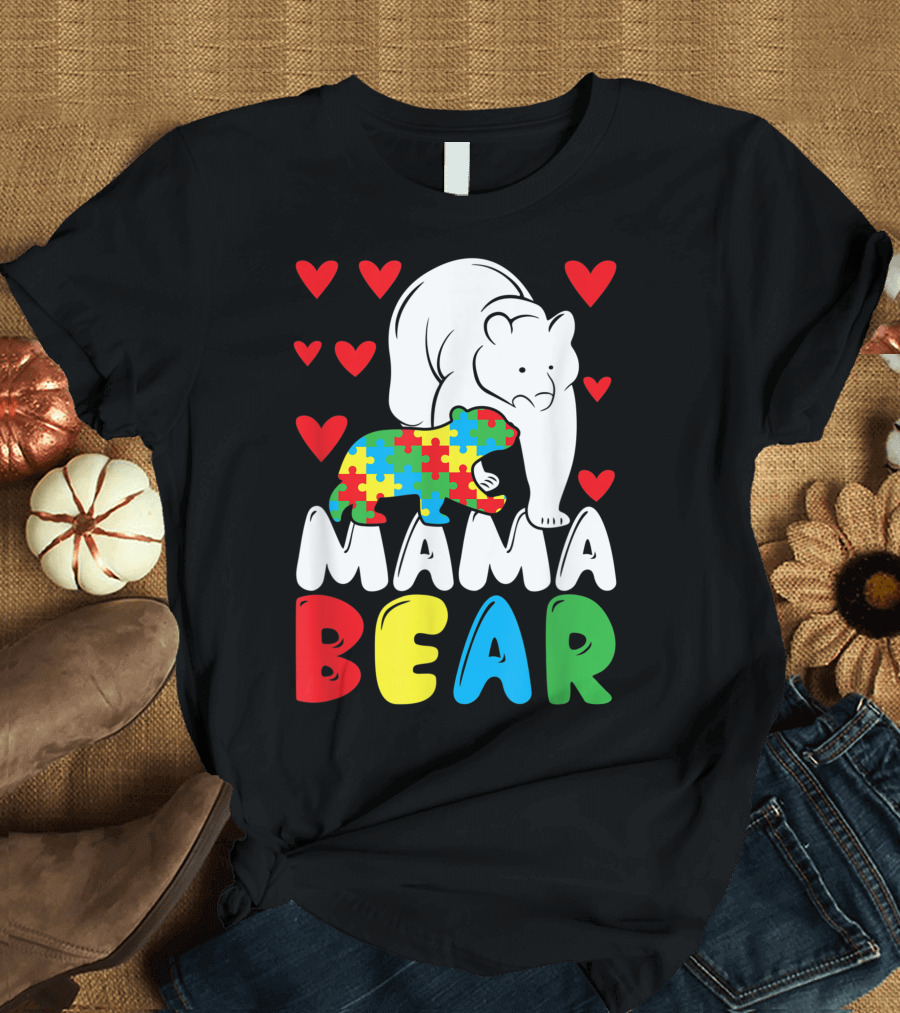 Mama Bear Puzzle Piece Autism Hearts Colorful Women's Autistic T-Shirt