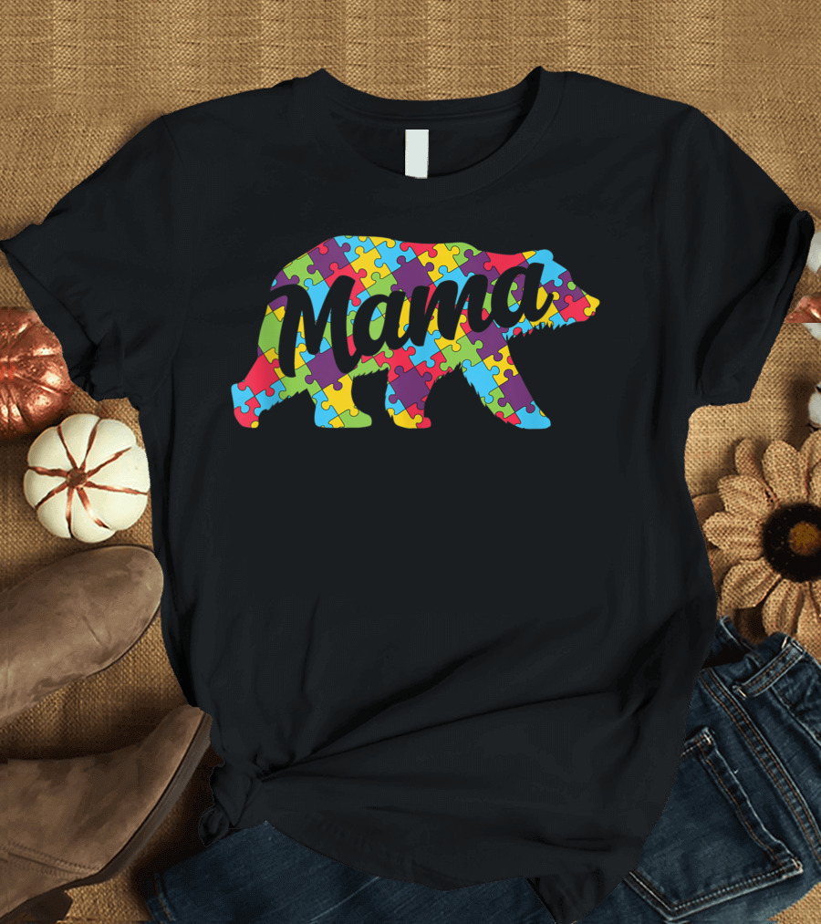 Mama Bear Colorful Puzzle Autism Awareness T-Shirt