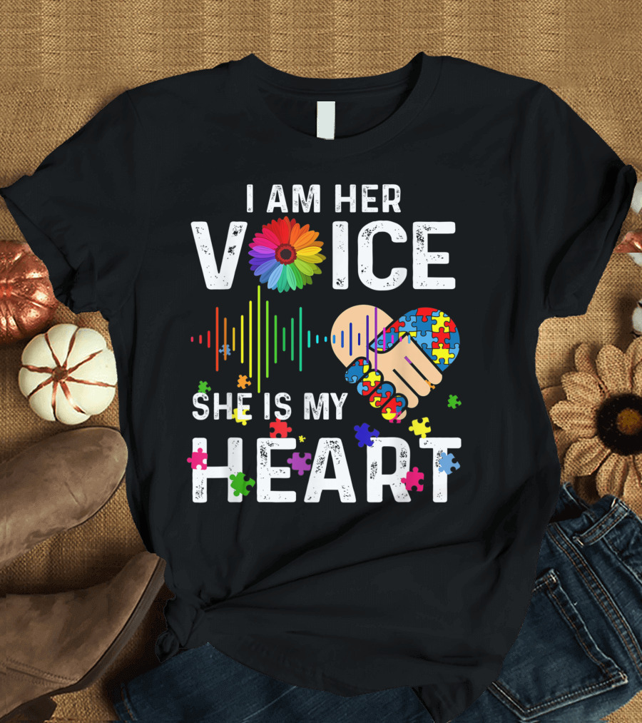 I Am Her Voice She Is My Heart Autism Rainbow Infinity Puzzle Hand T-Shirt