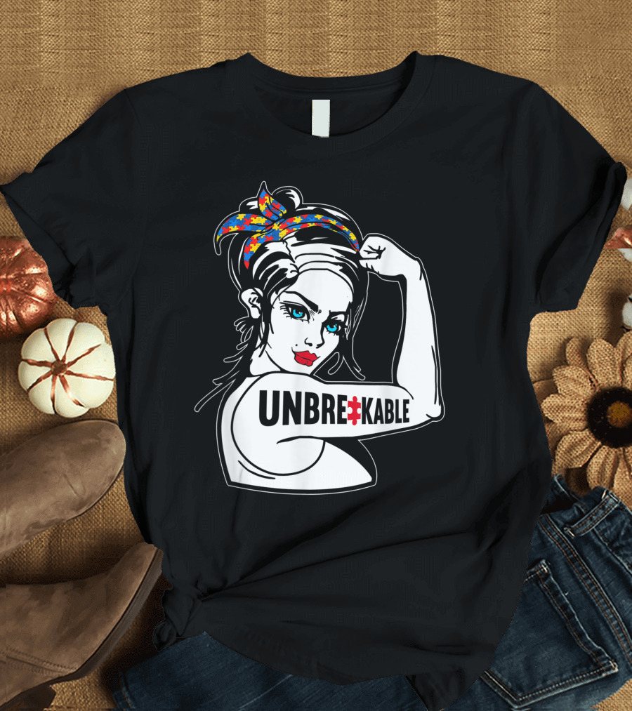 Unbreakable Autism Mom Mother Mama Rosie The Riveter Puzzle Piece Bandana T-Shirt