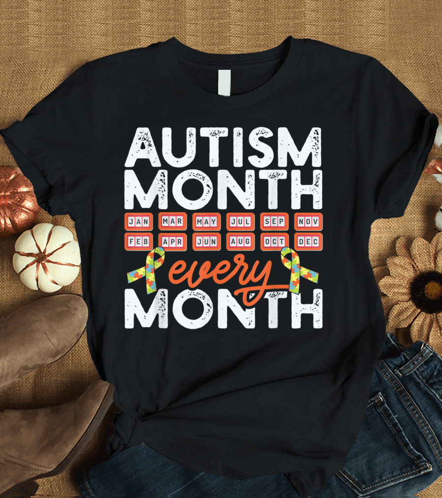 Autism Month Every Month Ribbon Puzzle January February March April May June July August September October November December T-Shirt