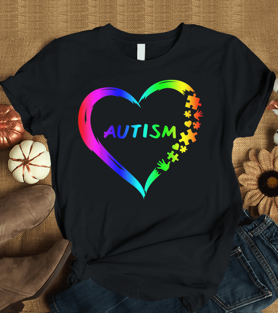 Autism Awareness Month Heart Ribbon Puzzle Difference T-Shirt