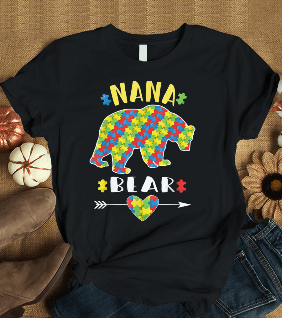 Nana Bear Autism Grandma Puzzle Piece Heart Arrow T-Shirt