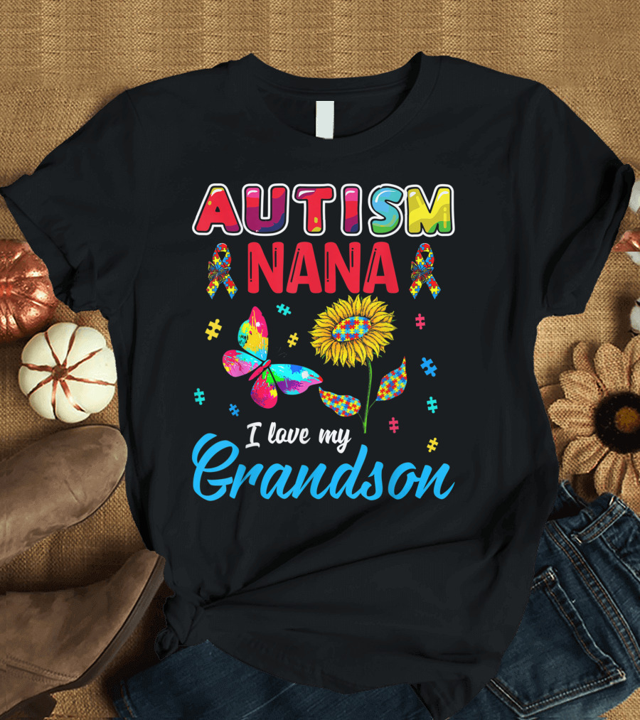 Autism Nana Sunflower Butterfly Puzzle Ribbon I Love My Grandson T-Shirt