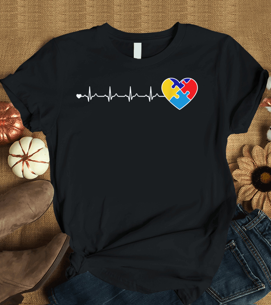 Autism Awareness Puzzle Heartbeat Logo with Multicolored Heart T-Shirt