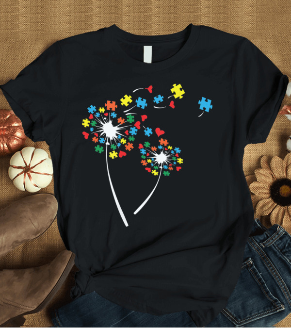 T-Shirt: Autism Awareness Dandelion Flower with Colorful Puzzle Pieces and Hearts T-Shirt Autism Awareness Dandelion Flower with Colorful Puzzle Pieces and Hearts T-Shirt