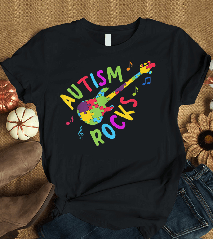 Autism Rocks Colorful Puzzle Guitar Music Notes Awareness T-Shirt