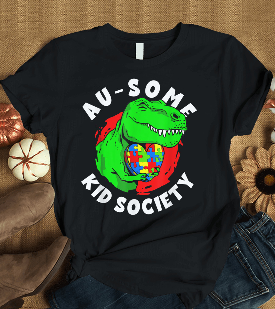 Au-Some Kid Society Rex Dinosaur Autism Puzzle Heart T-Shirt