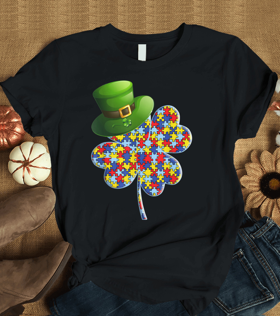 Autism Puzzle Piece Clover Leprechaun Hat St Patricks Day T-Shirt