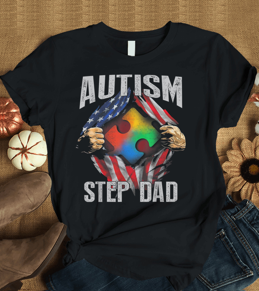 Autism Step Dad Puzzle Piece American Flag Autism Awareness T-Shirt