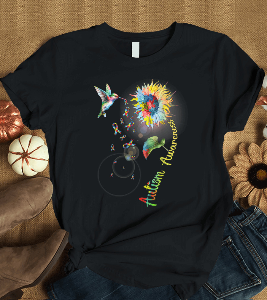 Autism Awareness Sunflower Hummingbird with Ribbon Symbols T-Shirt