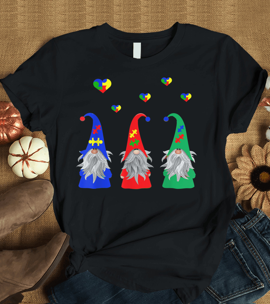 Autism Puzzle Piece Gnomes Valentine Hearts Valentines Day T-Shirt
