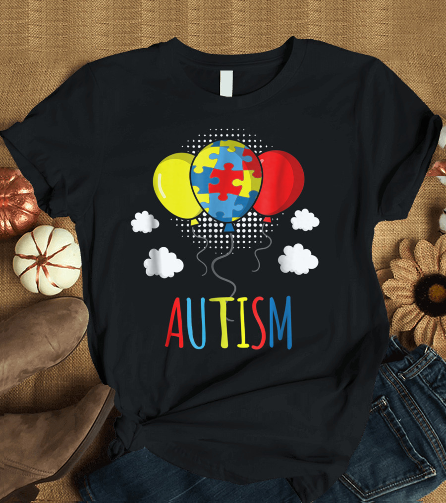 Autistic Balloon Puzzle Piece Clouds Autism Awareness T-Shirt