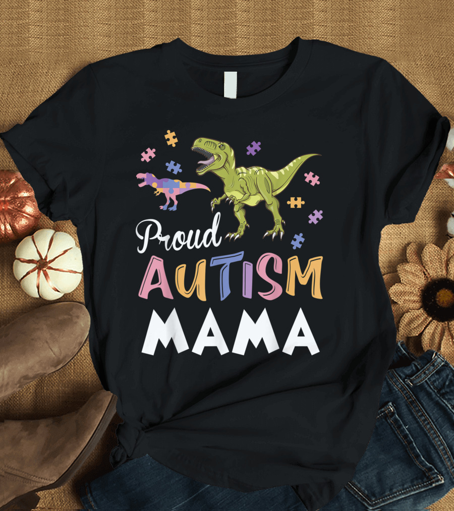 Proud Autism Mama Dinosaurs with Puzzle Pieces T-Shirt