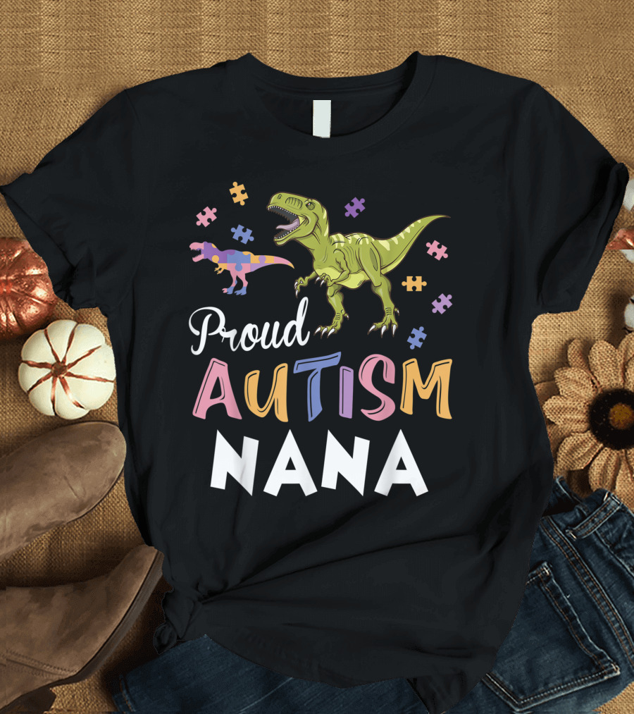 Proud Autism Nana Dinosaurs with Puzzle Pieces T-Shirt