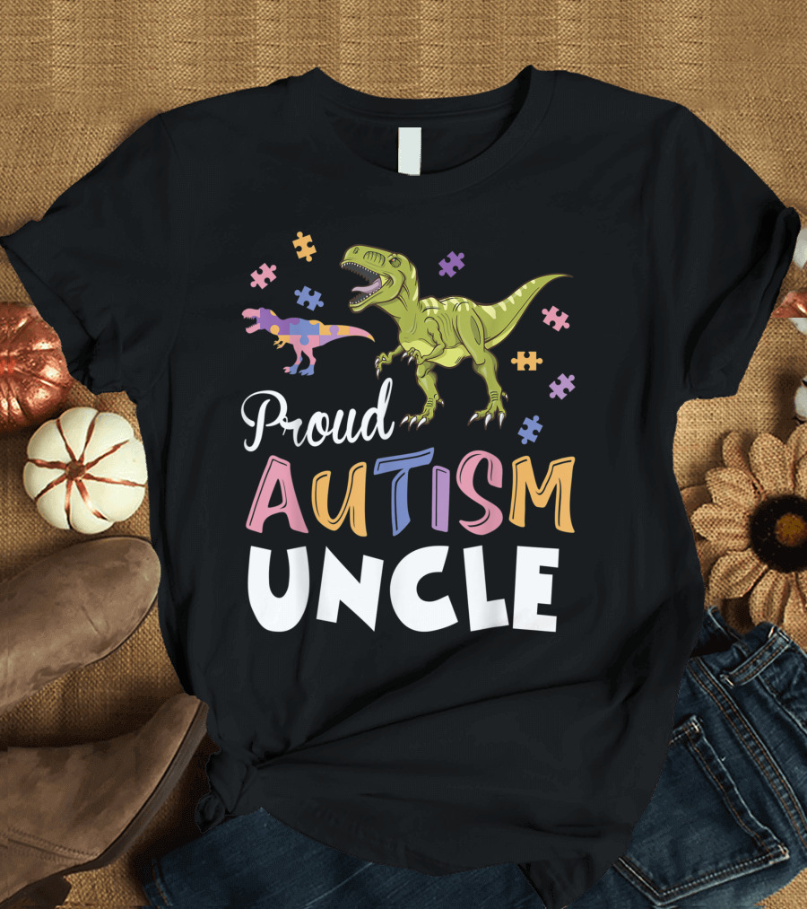 Proud Autism Uncle Dinosaurs with Puzzle Pieces T-Shirt