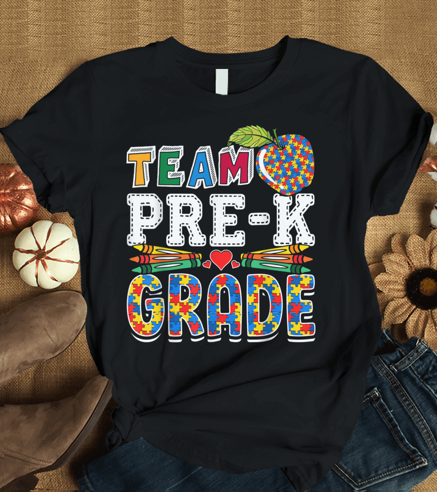 Team Pre-K Grade Back To School Autism Autistic Puzzle Apple T-Shirt
