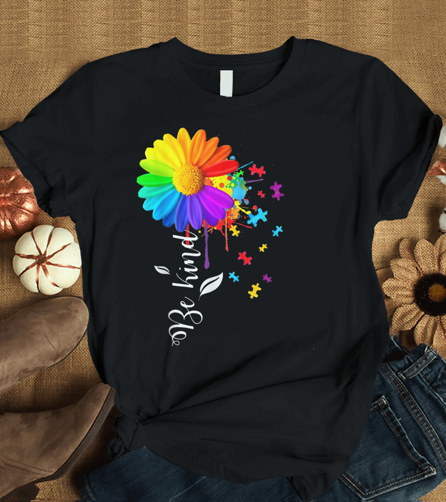 Be Kind Autism Awareness Rainbow Flower Puzzle Pieces T-Shirt