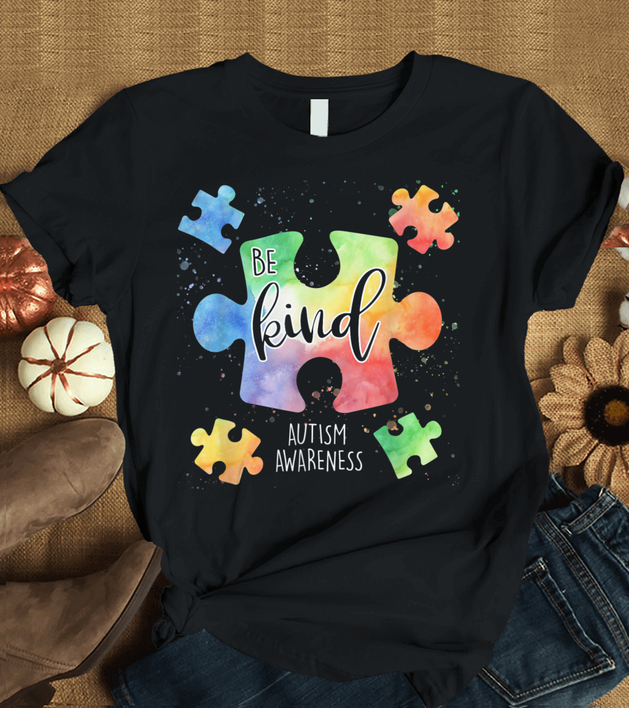 Be Kind Rainbow Puzzle Pieces Autism Awareness T-Shirt