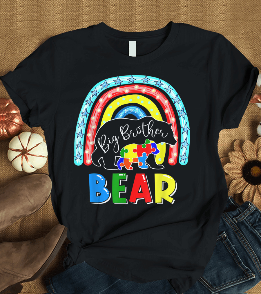 Big Brother Bear Autism Awareness Puzzle Piece Rainbow Support T-Shirt
