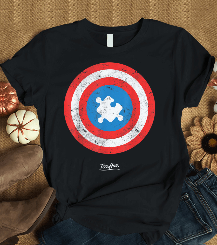 Capain Auism Puzzle Piece Cool Auism Superhero Shield TeesHive T-Shirt