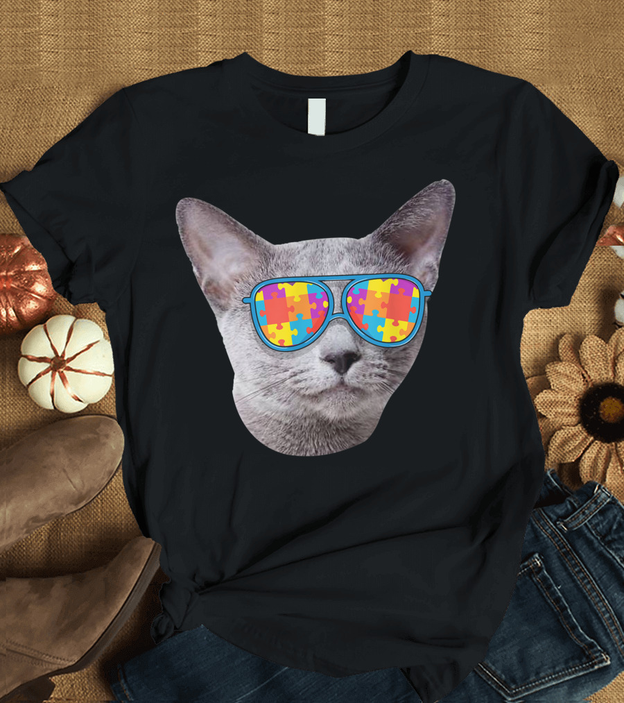 Russian Blue Cat with Puzzle Sunglasses for Autism Awareness T-Shirt