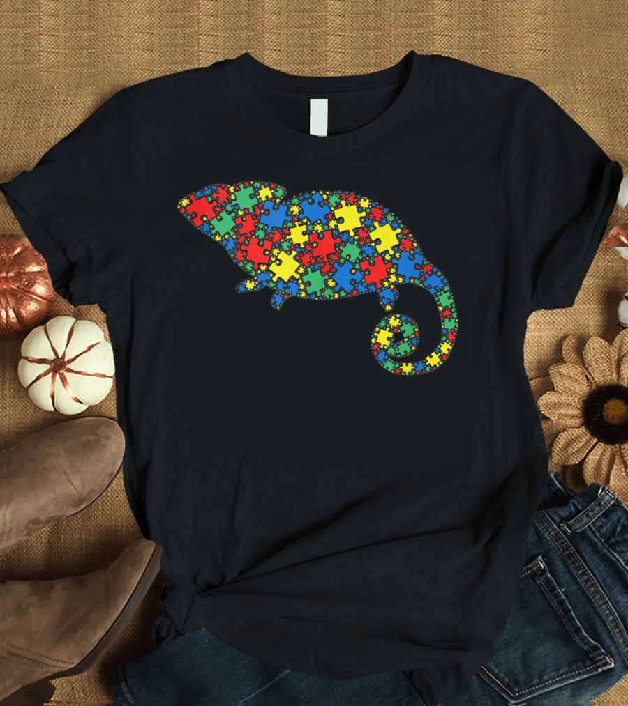 Chameleon Autism Puzzle Men Kids Autism Awareness Puzzle-Patterned Chameleon T-Shirt