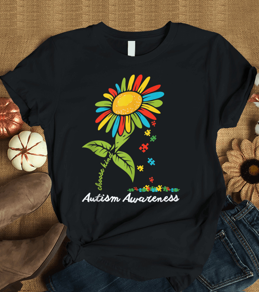 Choose Kind Autism Awareness Colorful Sunflower Puzzle Pieces T-Shirt