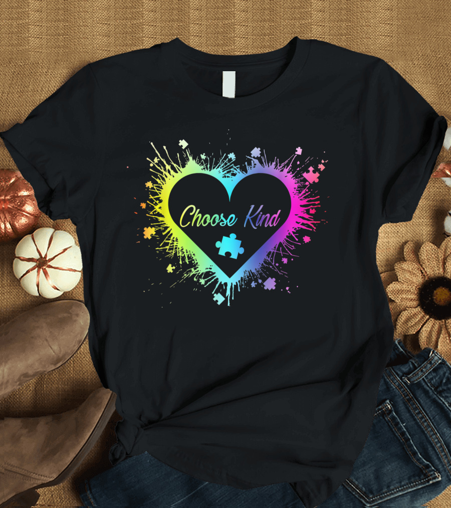 Choose Kind Colorful Splatter Heart with Puzzle Pieces Autism Awareness T-Shirt