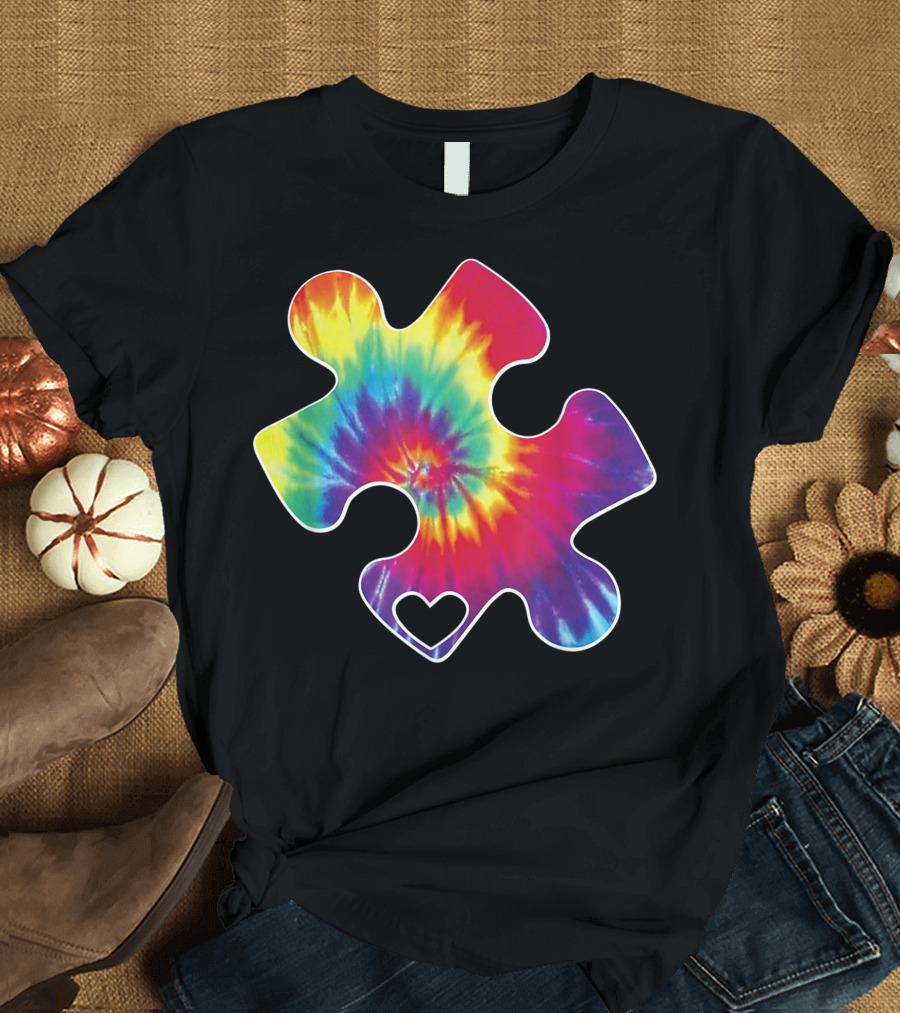 Cool Autism Awareness Tie Dye Puzzle Heart Rainbow T-Shirt