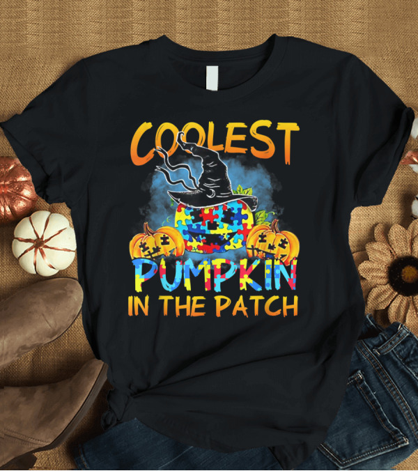 T-Shirt: Coolest Pumpkin In The Patch Autism Awareness Witch Hat Puzzle Piece Pattern Halloween Jack-O'-Lanterns T-Shirt Coolest Pumpkin In The Patch Autism Awareness Witch Hat Puzzle Piece Pattern Halloween Jack-O'-Lanterns T-Shirt