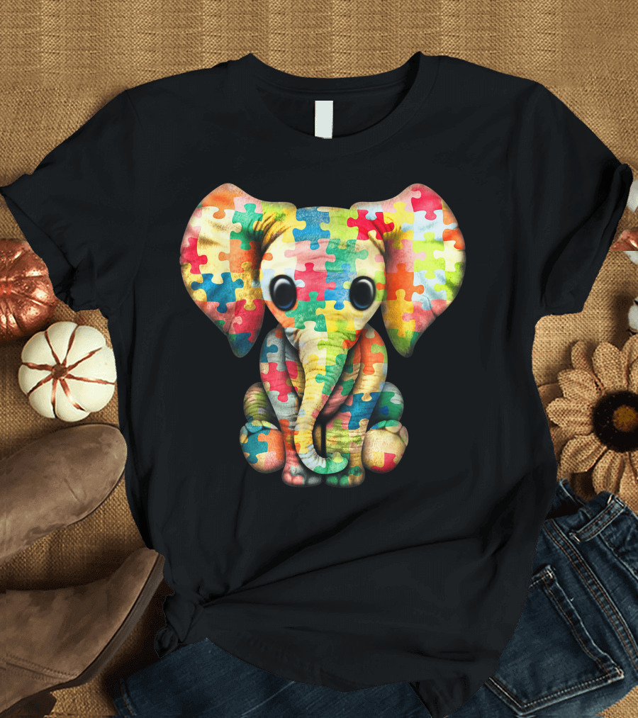 Cute Baby Elephant Autism Awareness Hippie Puzzle T-Shirt
