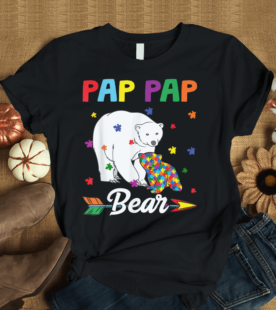 Pap Pap Bear Autism Awareness Month Family Puzzle T-Shirt