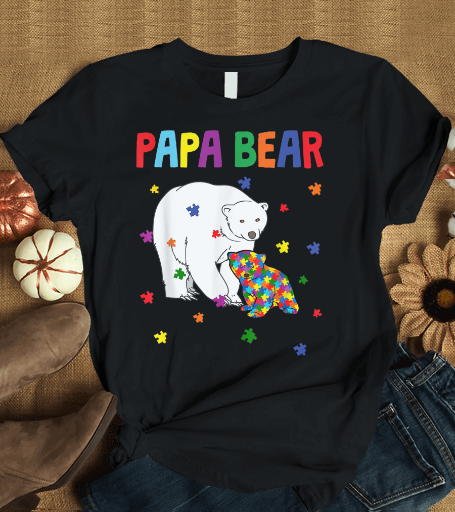 Papa Bear Colorful Puzzle Autism Awareness Month Family T-Shirt
