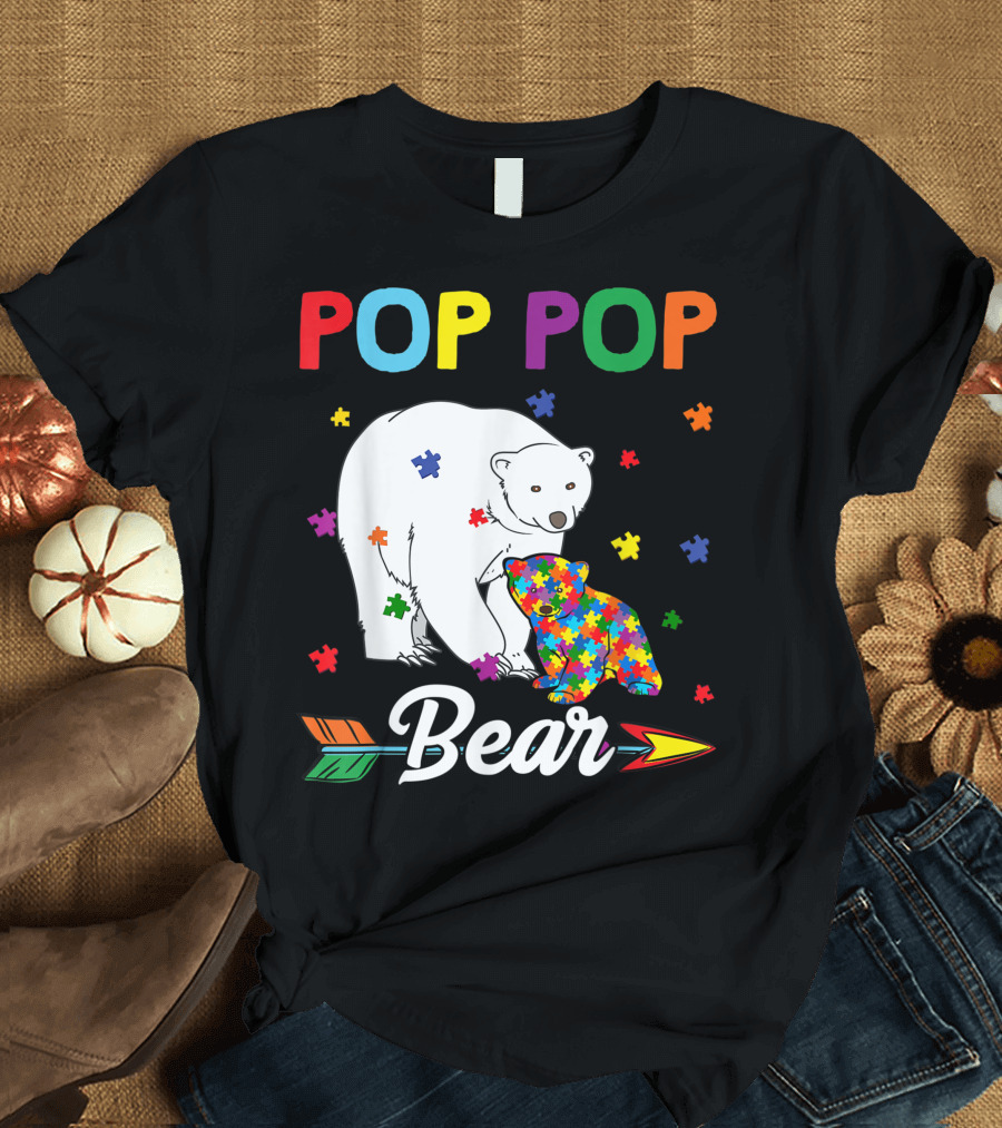 Pop Pop Bear Autism Awareness Month Family Colorful Puzzle Pieces T-Shirt